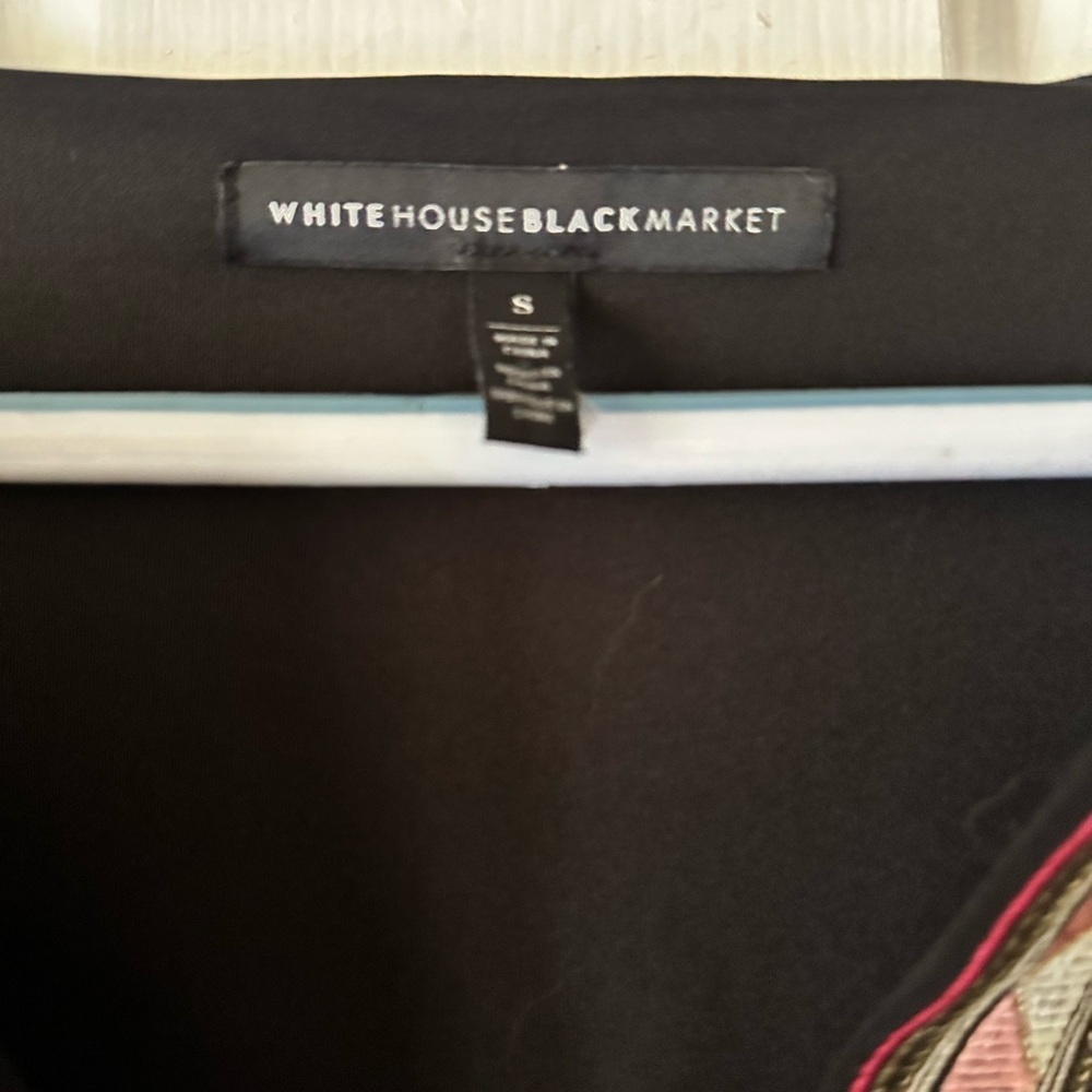 White House Black Market black shift dress with pink, and white geometric print - Picture 7 of 7